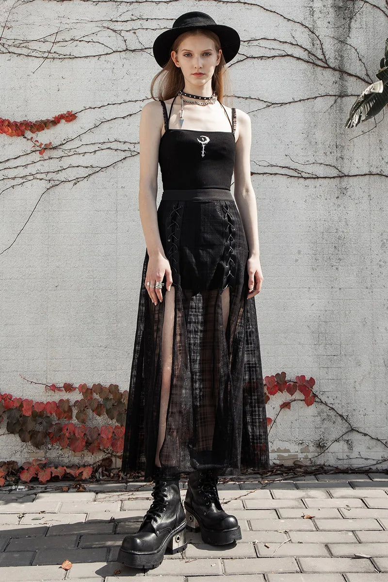 Women's Daily A Shape Midlength Grid Mesh Forks Pantskirt Gothic Elastic Waist Sexy Casual Long Skirt