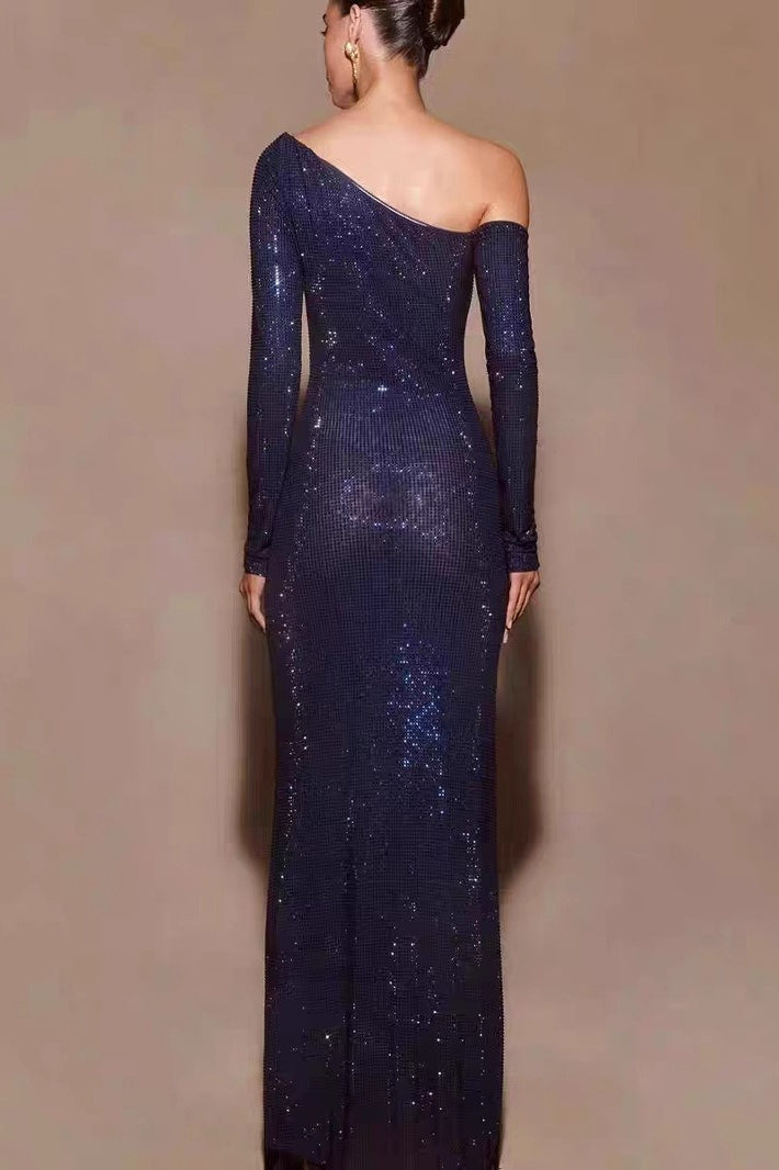 Blue Off Shoulder Rhinestone Maxi Dress 4