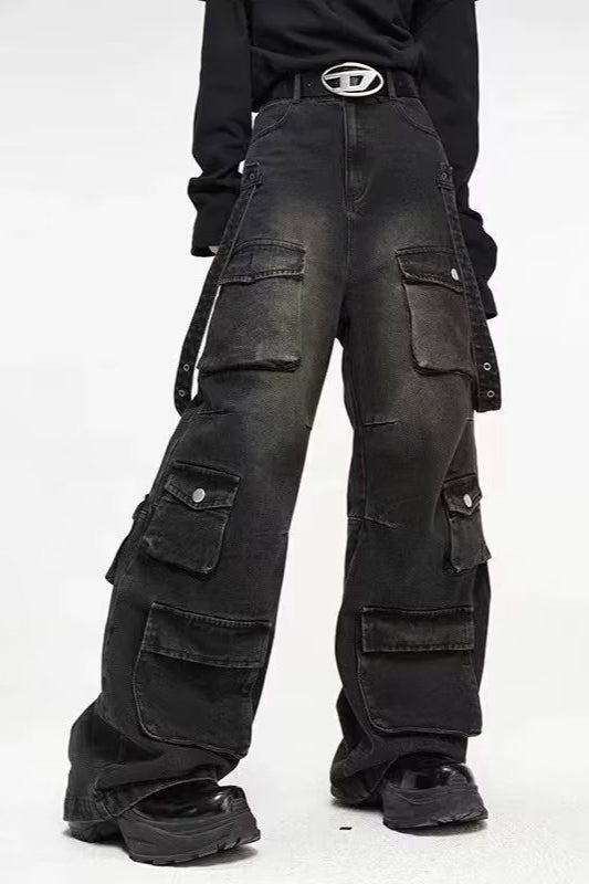 Distressed Multi Pocket Wide Leg Jeans
