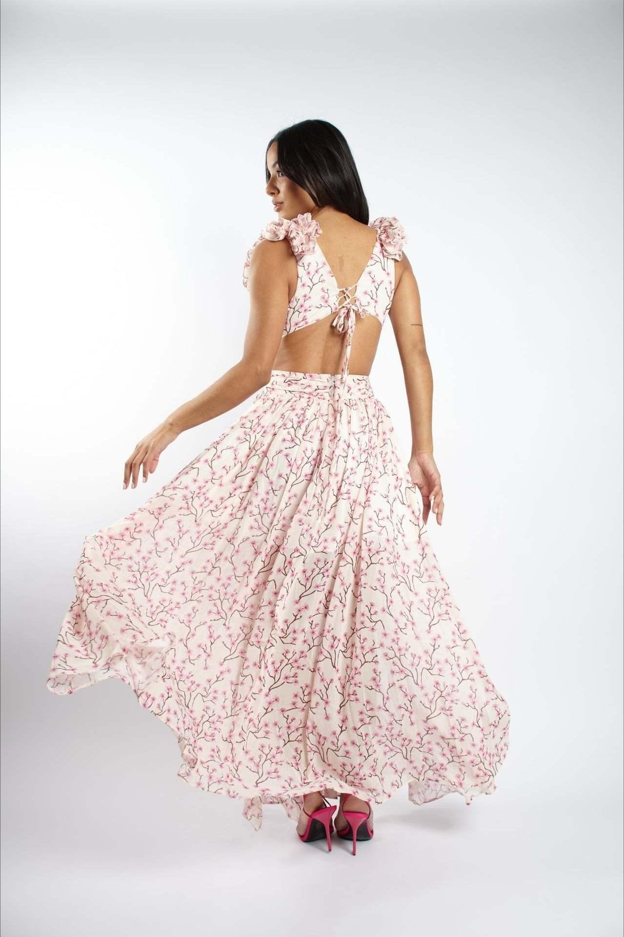 One Shoulder Ruffle Strap Cutout Tiered Blossom Print Maxi Dress 2