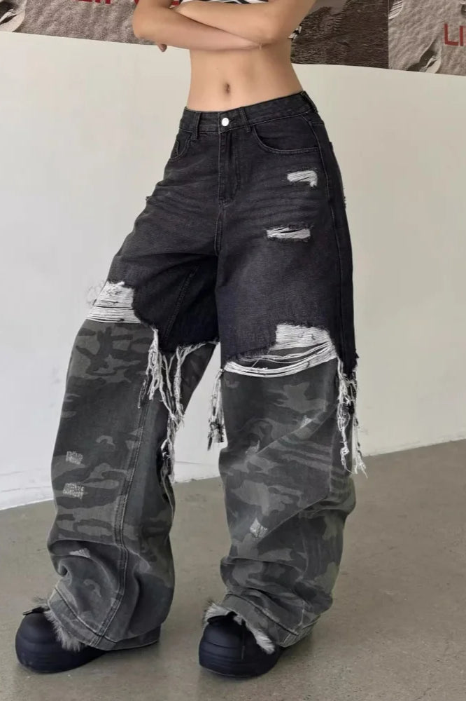 Camouflage Patchwork Baggy WideLeg Jeans