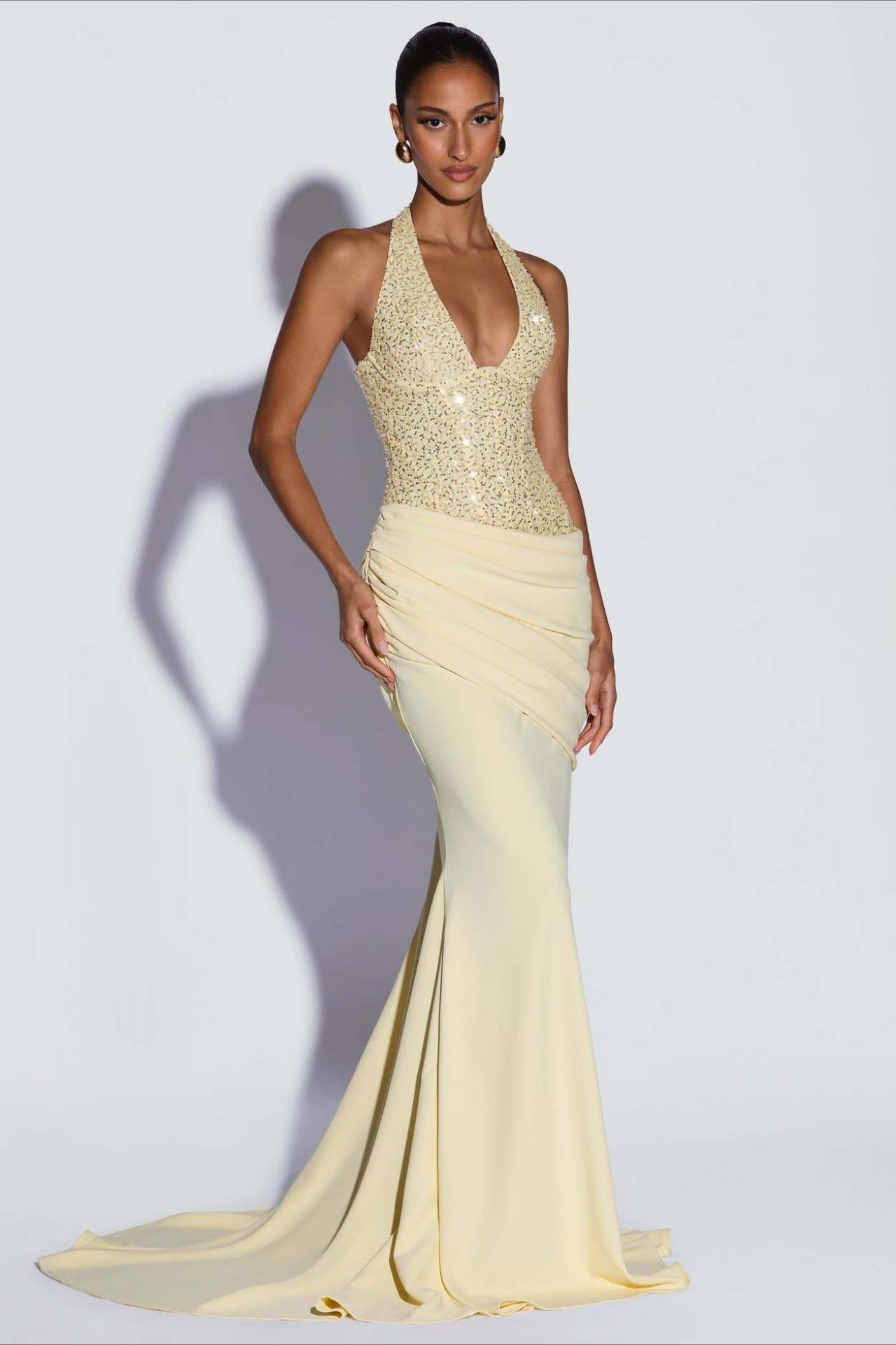Sequin Patch Halter Deep V Ruched Train Maxi Bodycon Dress