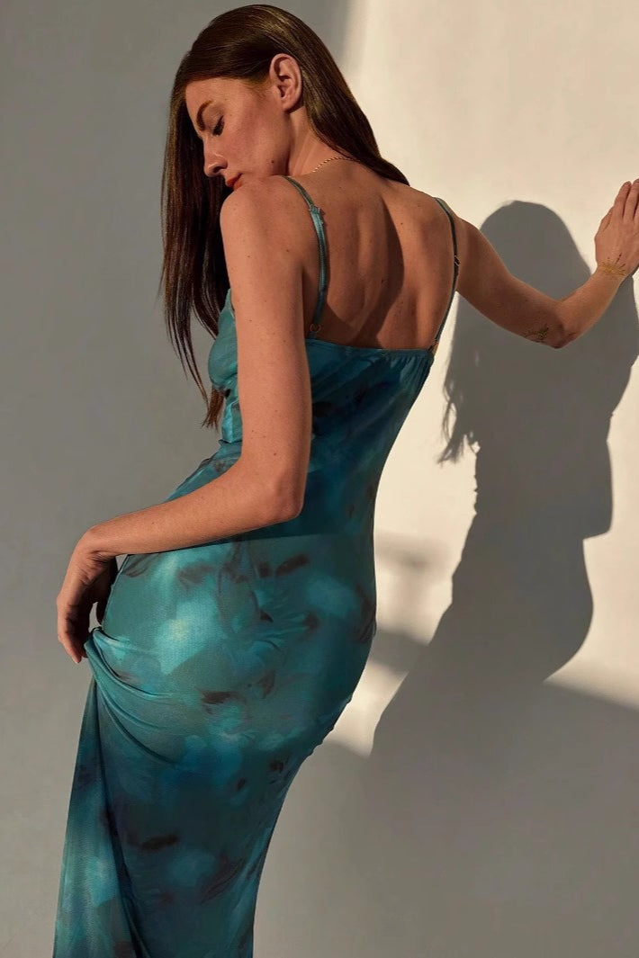 Green Cowl Neck Spaghetti Strap Abstract Marble Print Sheer Hem Midi Dress 2