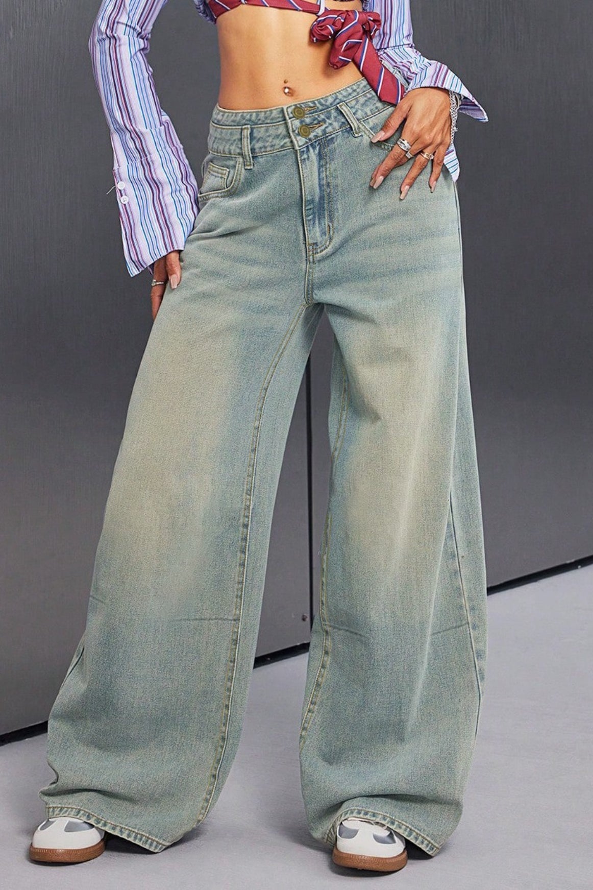 Button Front Vintage Wide Jeans
