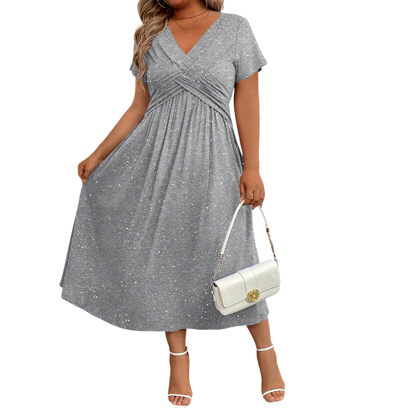 Surplice V-Neck Twist Front Short Sleeve Glitter A-Line Maxi Dress