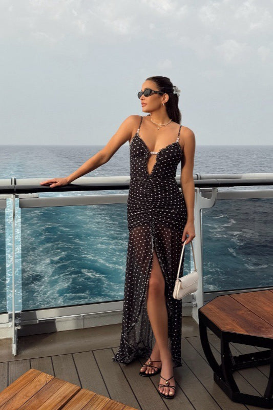 Black Polka Dot Ruched Lace Mesh Cami Maxi Dress