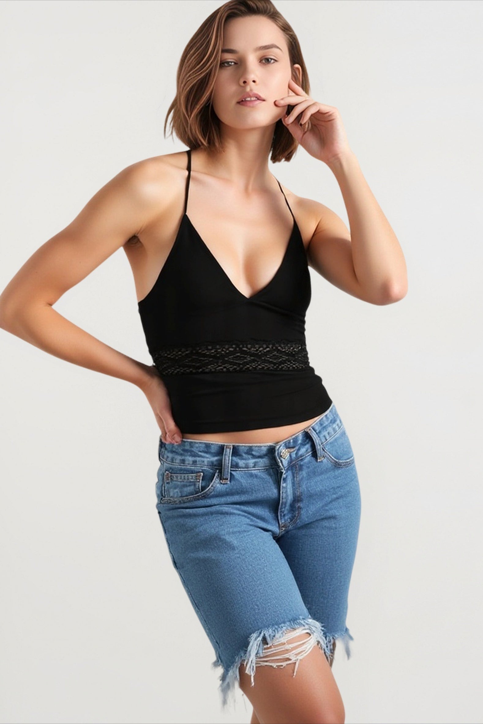 Y2k lace panel halter cami top