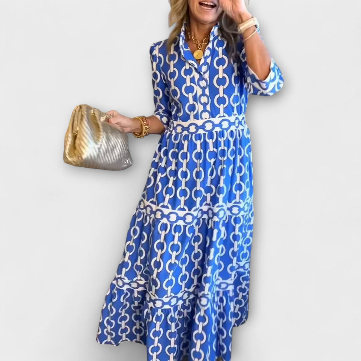 Collared Button Front Chain Print Three-Quarter Sleeve Tiered Maxi Dress