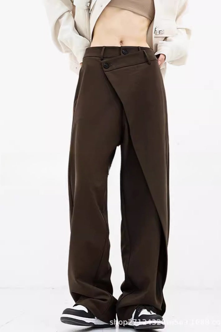 Asymmetric Layered Button Loose Wide Leg Pants1