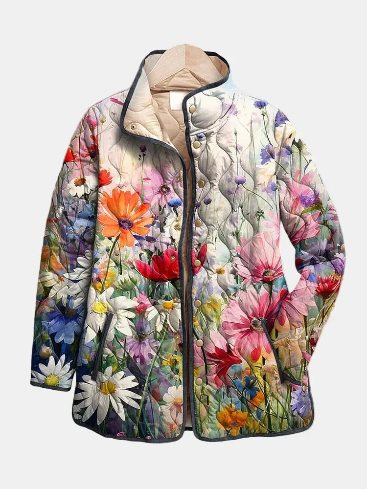 Multicolour Stand Collar Watercolor Floral Print Quilted Button Jacket