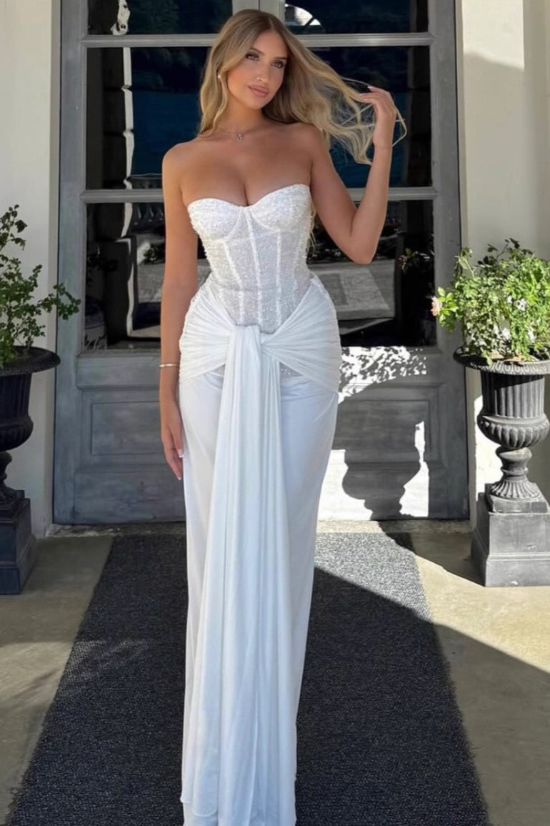 Strapless Sequin Slim Sash Evening Party Dress
