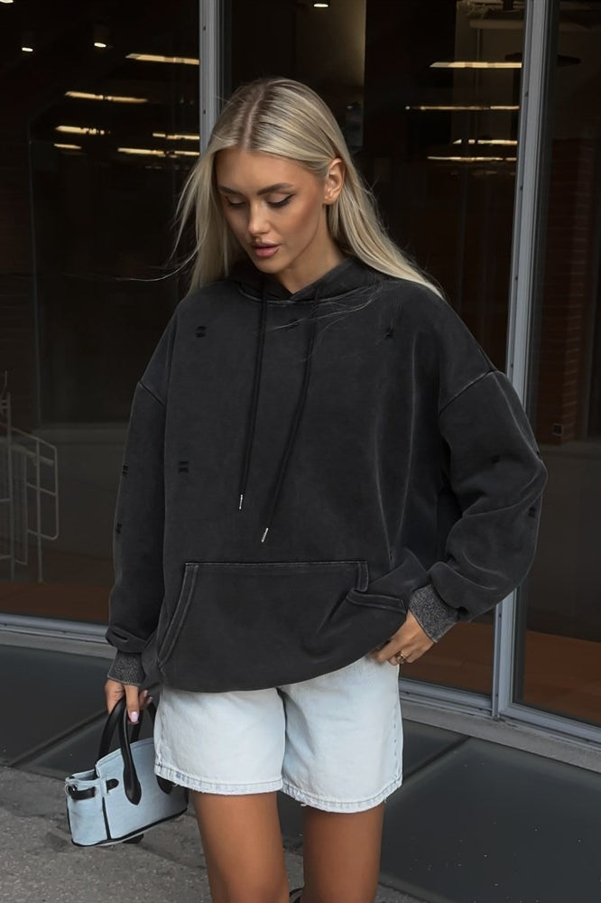 Distressed Washed Solid Cotton Hoodie