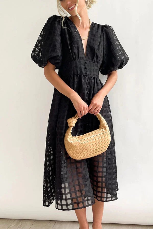 Beautiful square pattern fabric puff sleeve midi