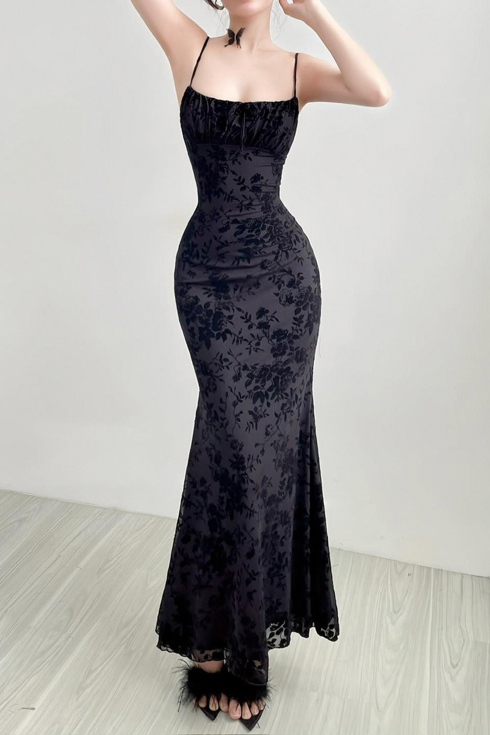 Burnout Print Open Back Bodycon Maxi Slip Dress