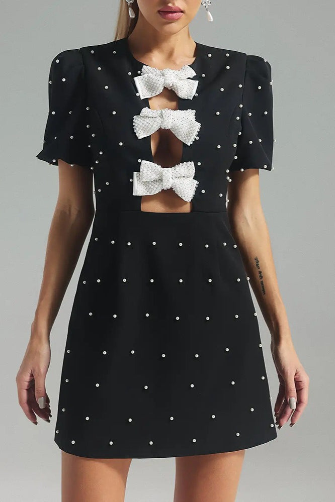 Black Bow Detail Paneled Mini Dress