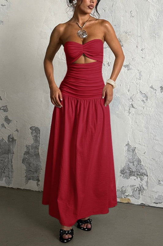 Strapless Sweetheart Neck Twist Cutout Ruched Drop Waist Maxi Dress 9