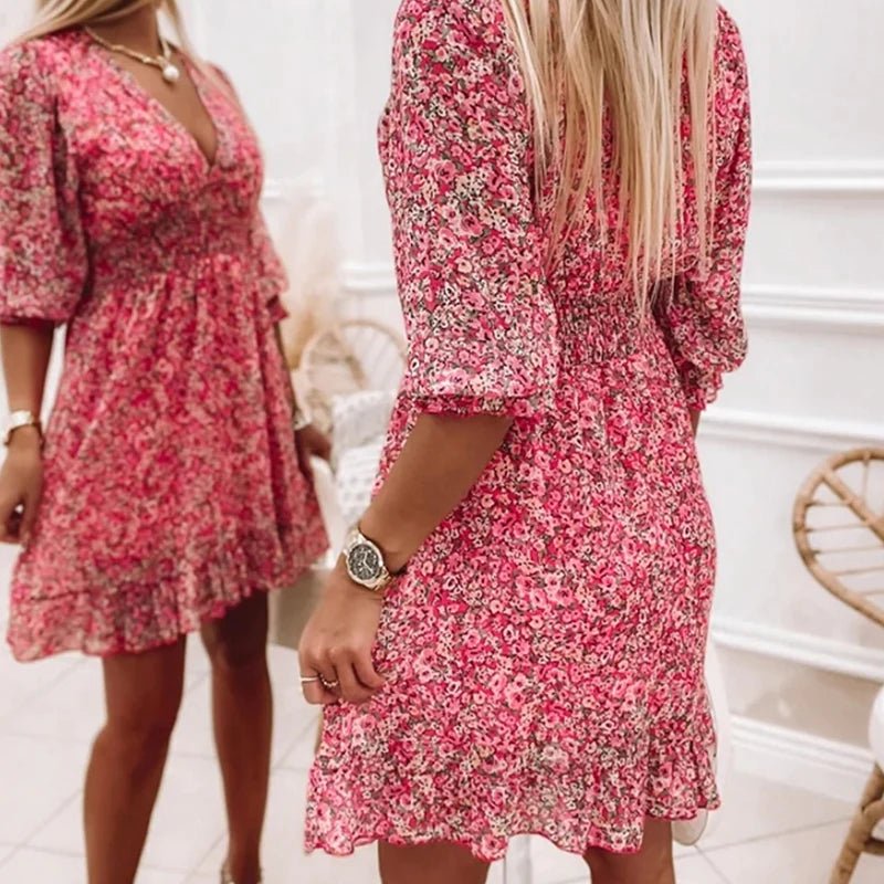 V-Neck Floral Flutter Sleeve Smocked Waist Ruffle Hem Mini Dress