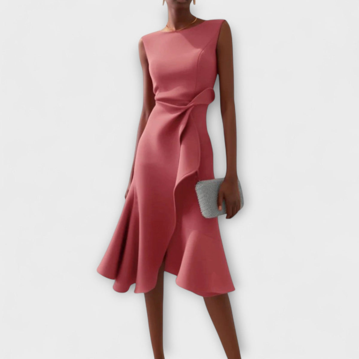 Round Neck Sleeveless Tie Waist Ruffle Flounce Midi Dress