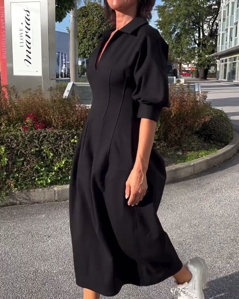Black Collared V-Neck Puff Sleeve Pocket Cocoon Midi Dress 3