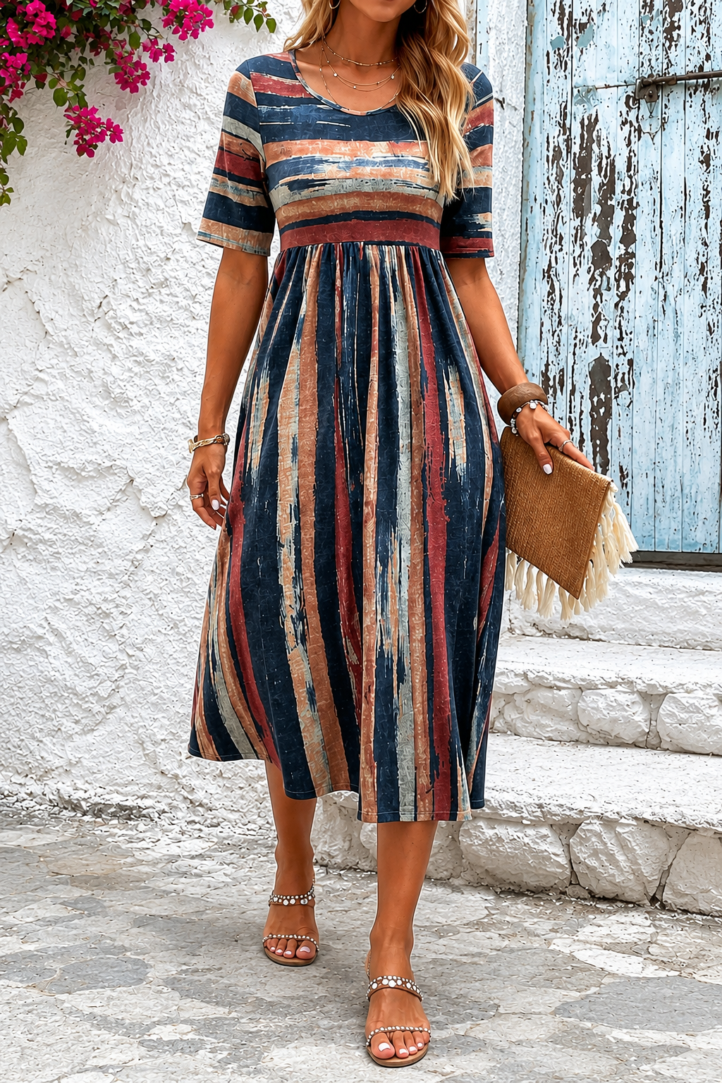 Multicolored Round Neck Short Sleeve Striped Empire Waist Pleated A-Line Midi Dress