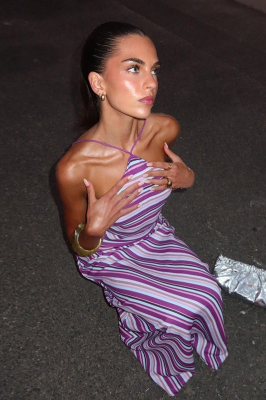Purple Halter Neck Horizontal Diagonal Stripe Chevron Maxi Dress 5