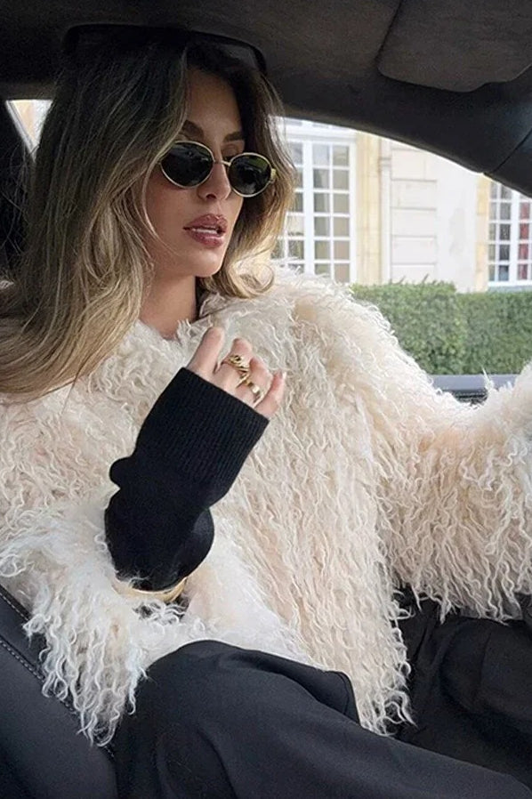 White Faux Fur Lapel Coat