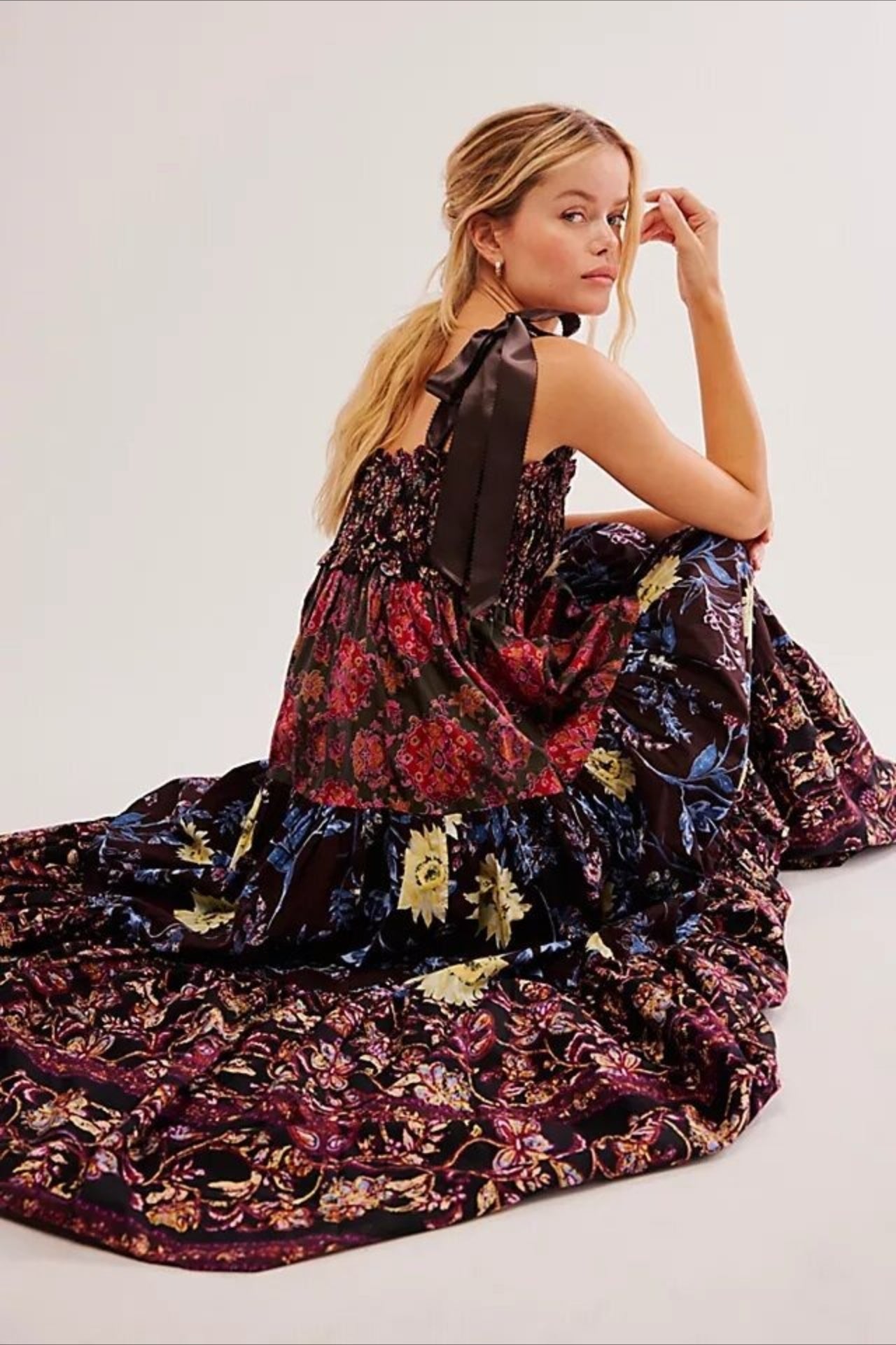 Smocked V Neck Bow Shoulder Strap Mixed Floral Tiered Maxi Dress 17