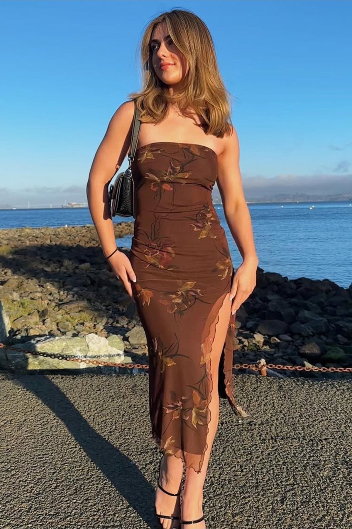 Strapless Printed Slit Double Layer Floral Dress