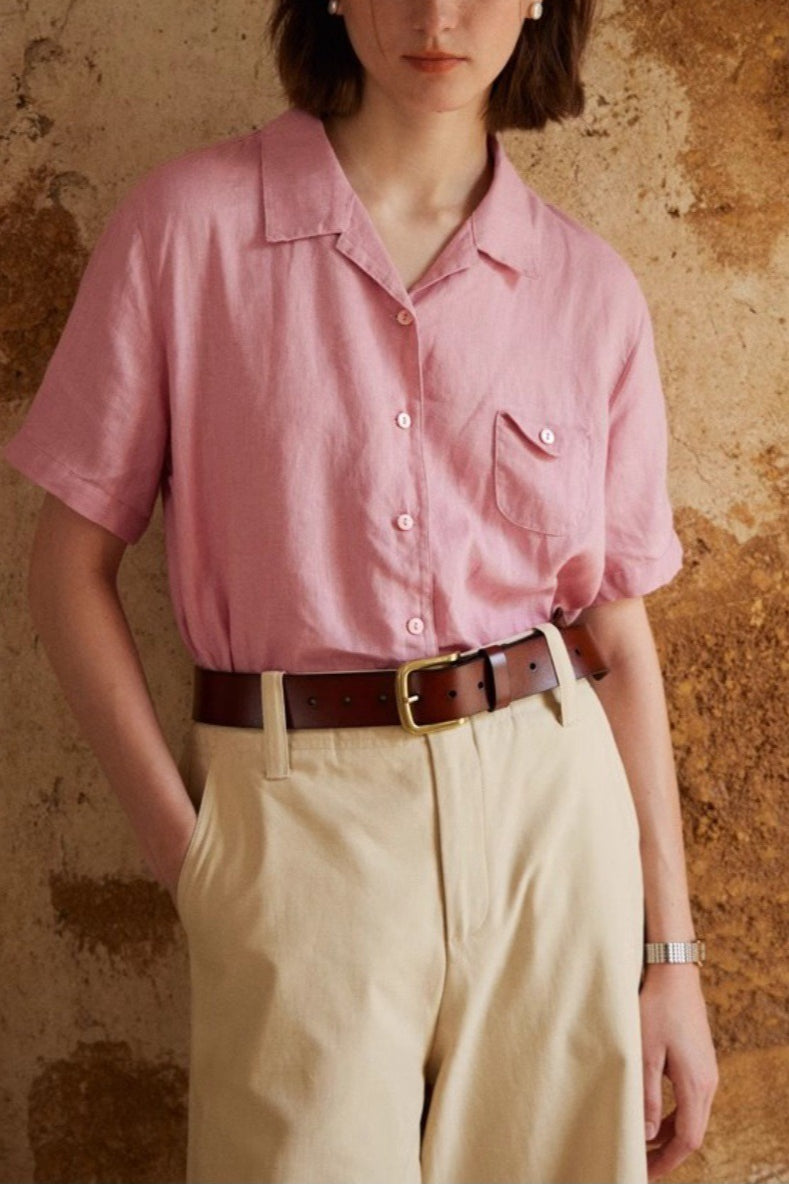 Linen Camp Collar Short Sleeve Blouse
