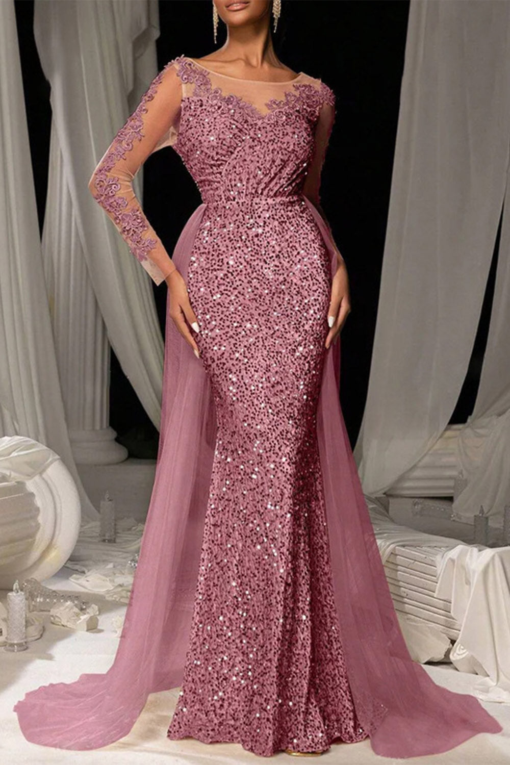 Evening Gown Dark Brown Sequined Lace Tulle Overskirt Mermaid Maxi Dress