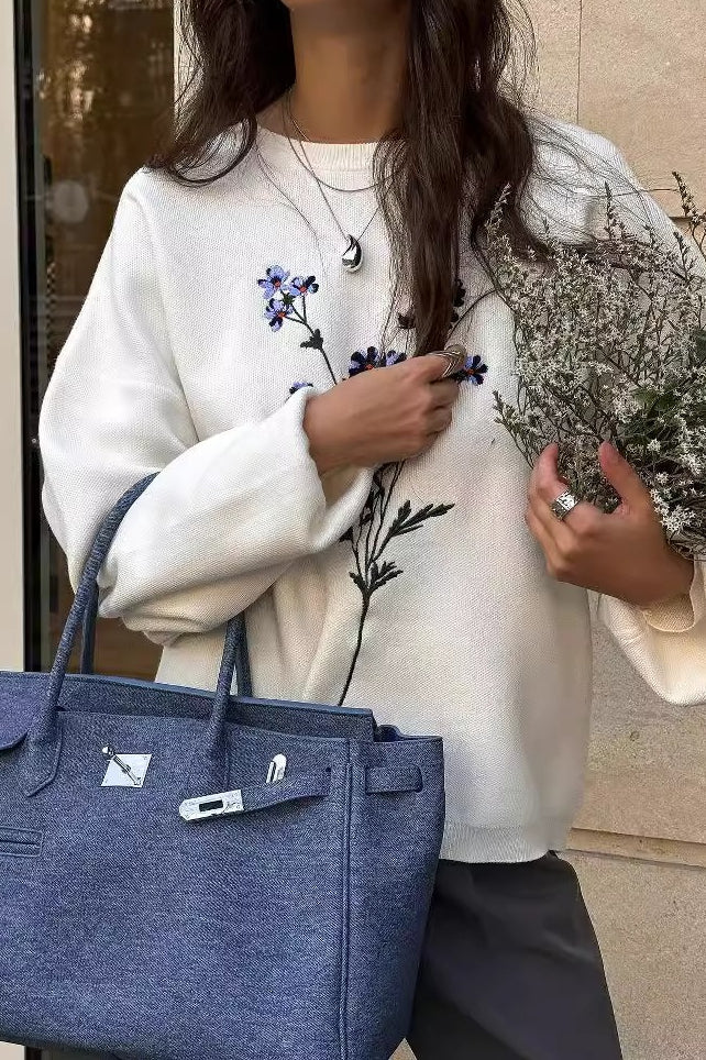 Embroidered Casual Long Sleeve Knit Sweater