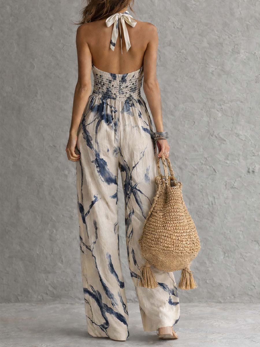 White/blue Halter Neck Keyhole Printed Wide Leg Jumpsuit 3