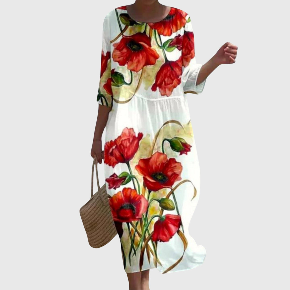 Round Neck Three-Quarter Sleeve Floral Rose Print Shift Midi Dress