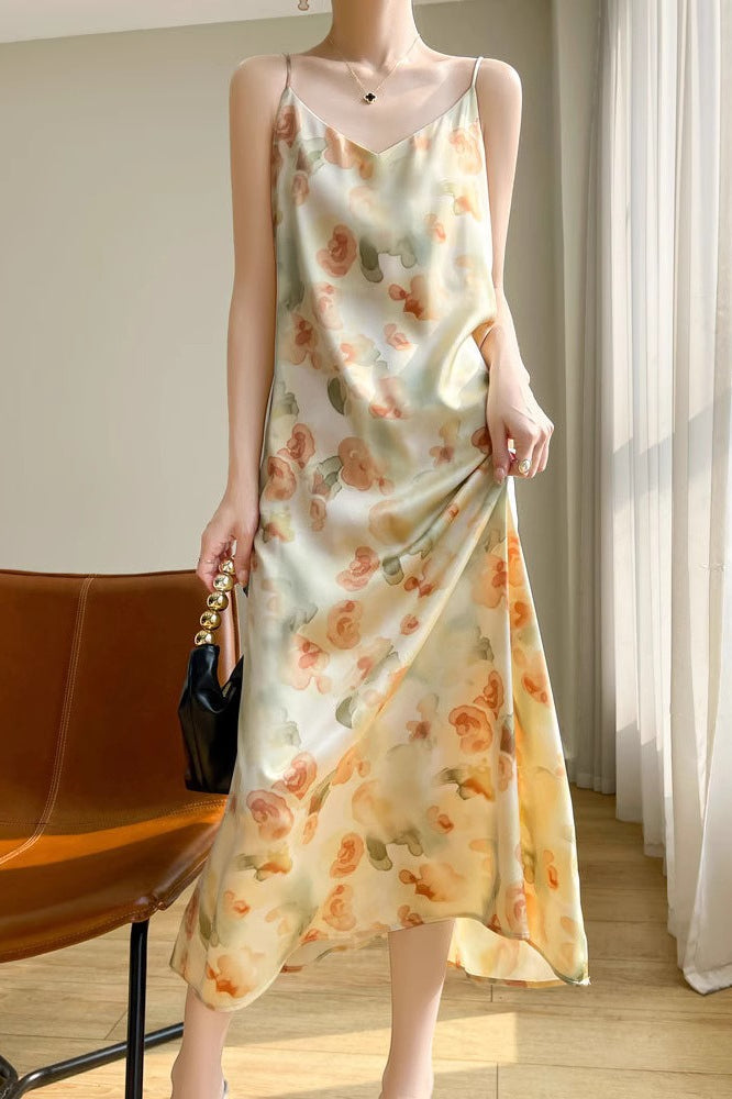 Printed VNeck Satin Cami Maxi Silk Dress