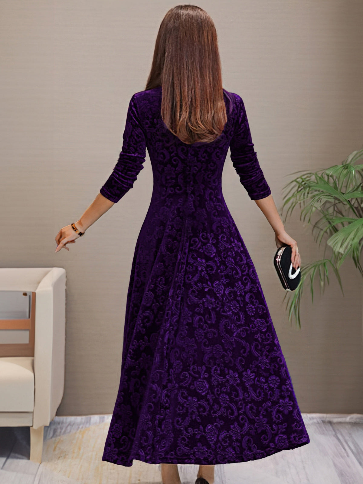 V-Neck Floral Burnout Velvet Long Sleeve A-Line Maxi Dress 11