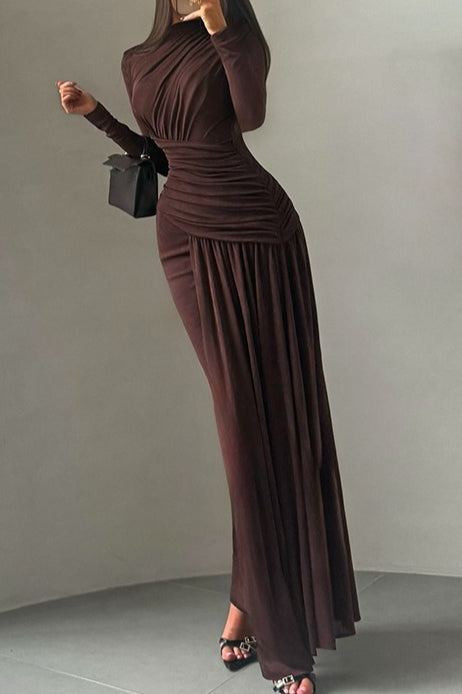 Solid Crew Neck Long Sleeve Ruched Party Dress
