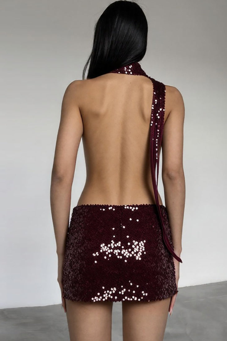 Red Deep V Halter Backless Sequin Mini Dress 4