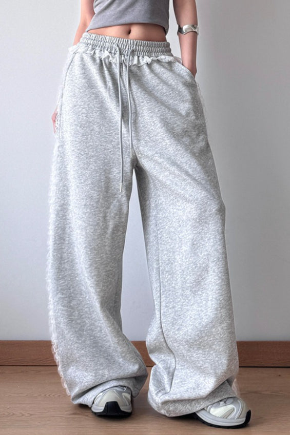 Lace Trim Wide Leg High Waist Pants