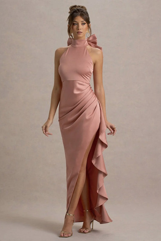 HighNeck Lace Slit Party Dress