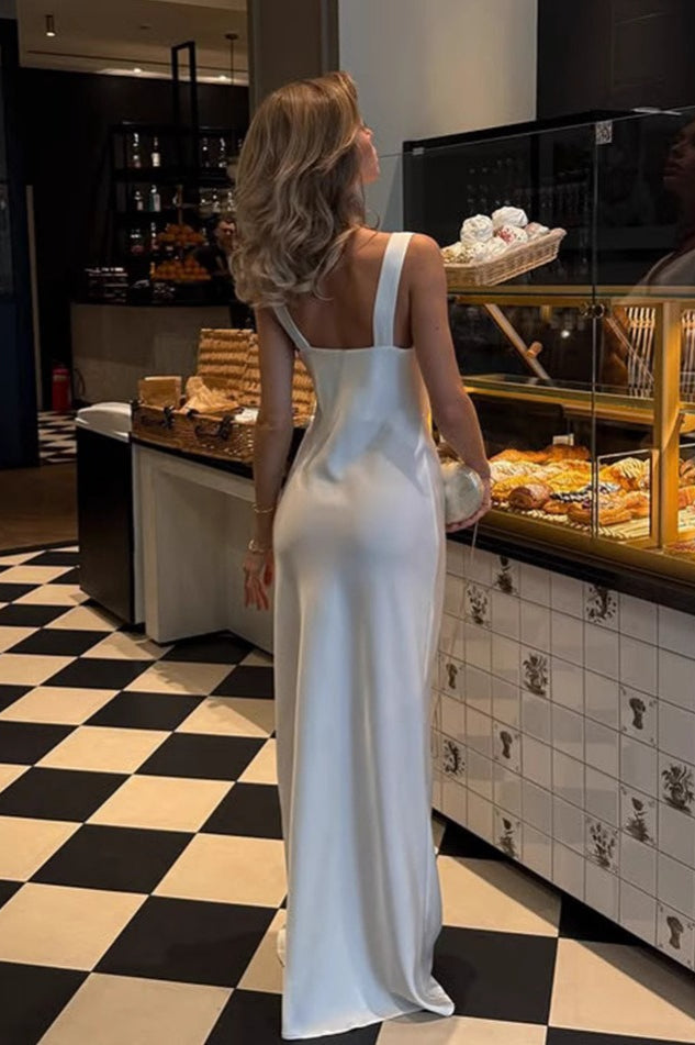 Solid Satin Cowl-Neck Luxury Party Dress