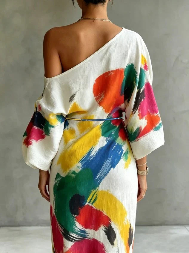 One-Shoulder Long Sleeve Abstract Watercolor Print Column Maxi Dress