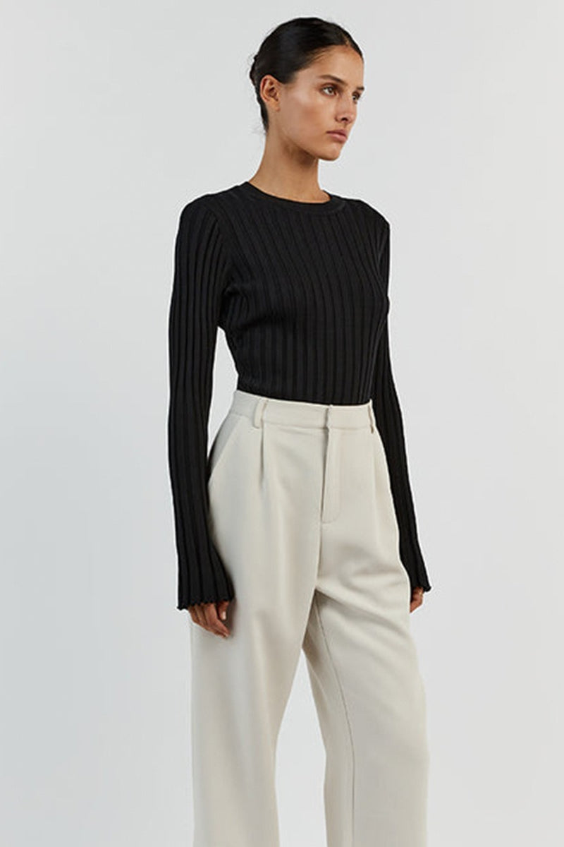 Ribbed Crew Neck Solid Slim Knit Base Layer