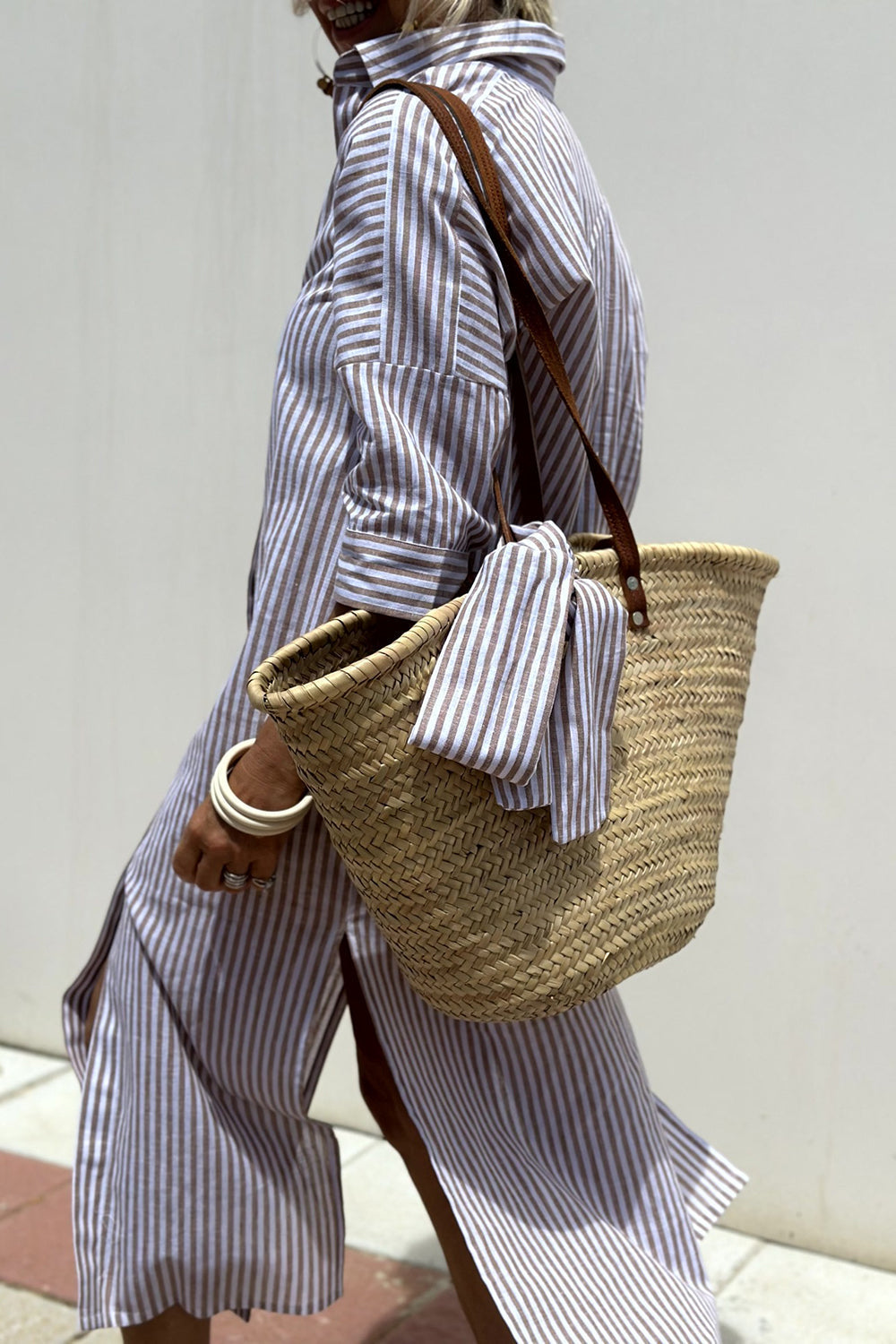 Collared Striped Button Front Long Sleeve Side Slit Shirt Midi Dress