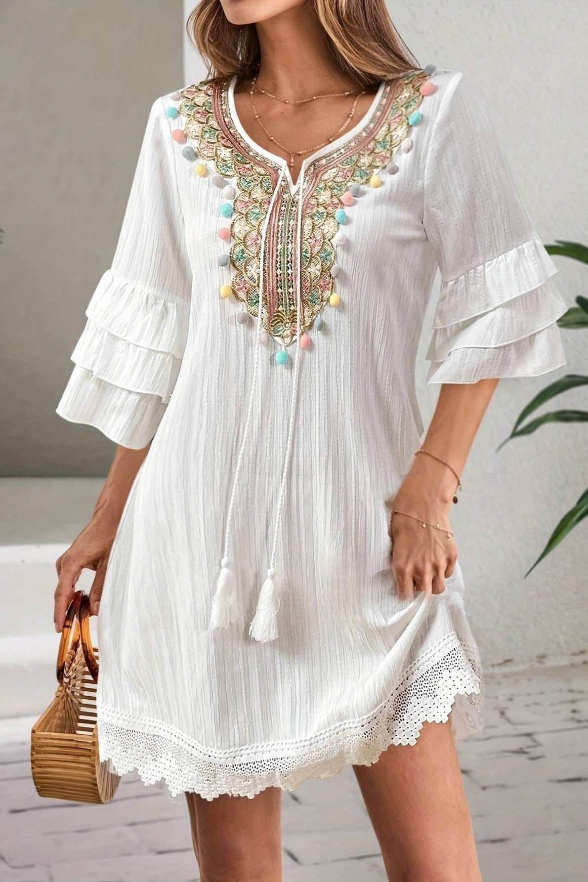 White Deep V Neck Embroidered Bib Pom Pom Trim Bell Sleeve Lace Hem Mini Dress