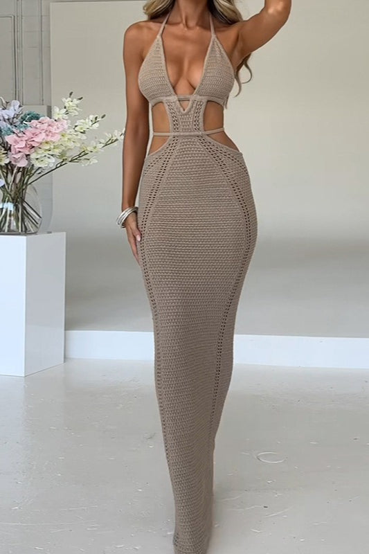 Plunging Halter Neck Crochet Waist Cut Out Open Knit Maxi Dress 14
