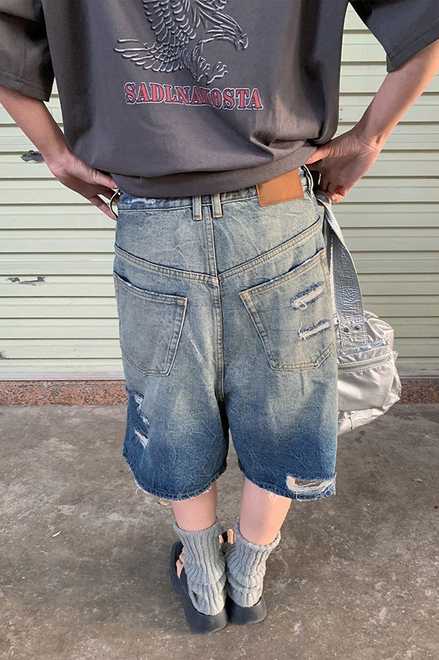 Distressed Frayed Hem Mid Length Denim Shorts