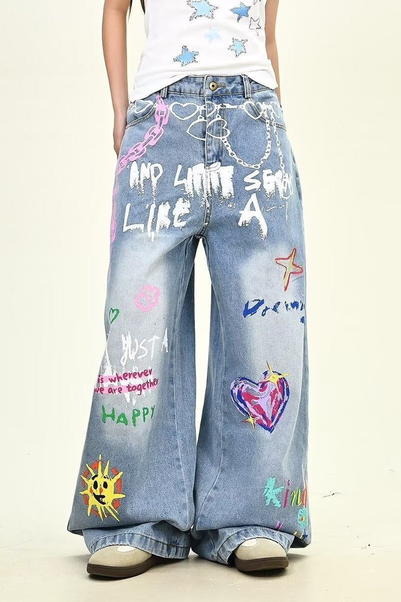 Oversized Washed Star Embroidered Straight Leg Jeans