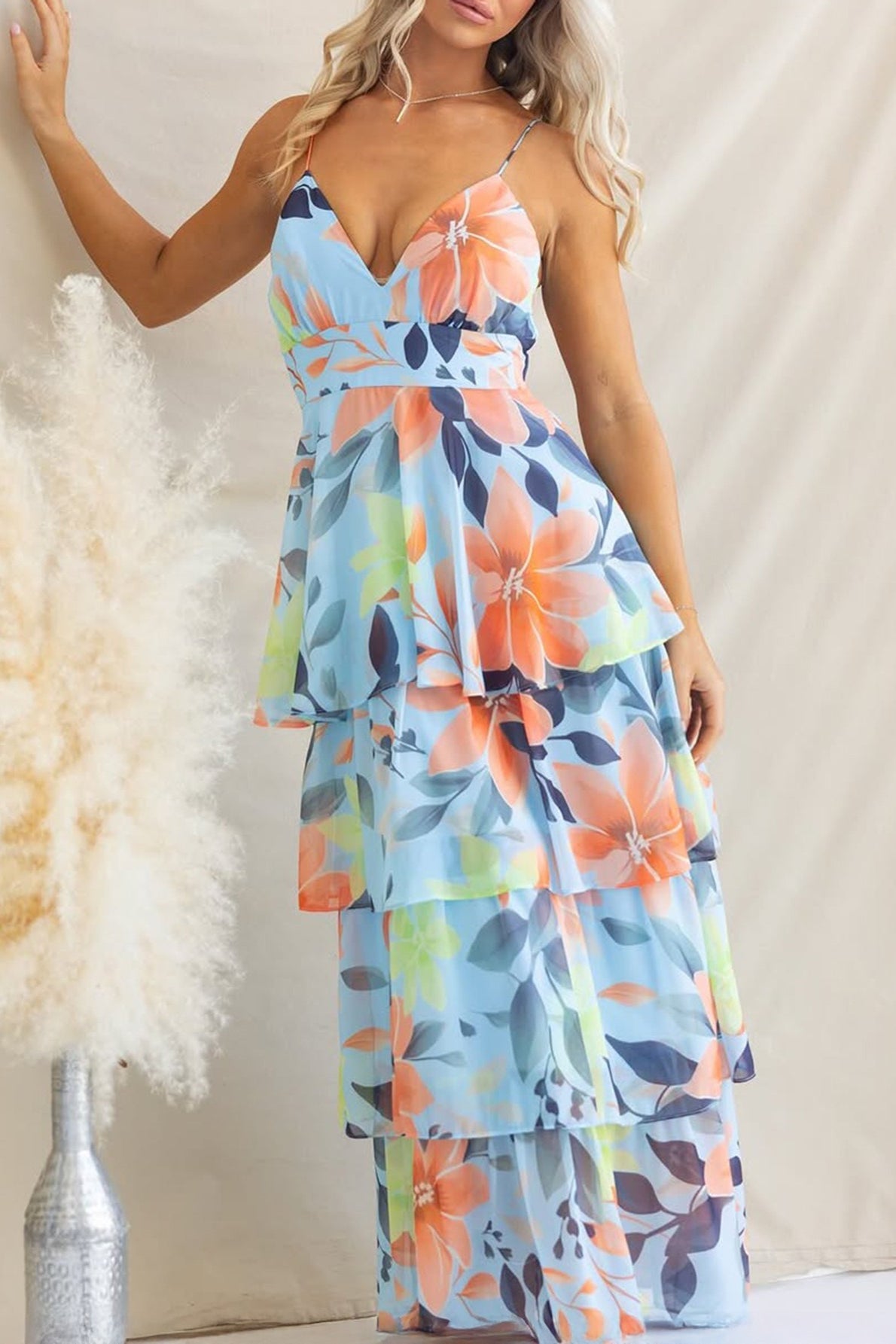 Spaghetti Strap Deep V Floral Print Tiered Ruffle Maxi Dress 8