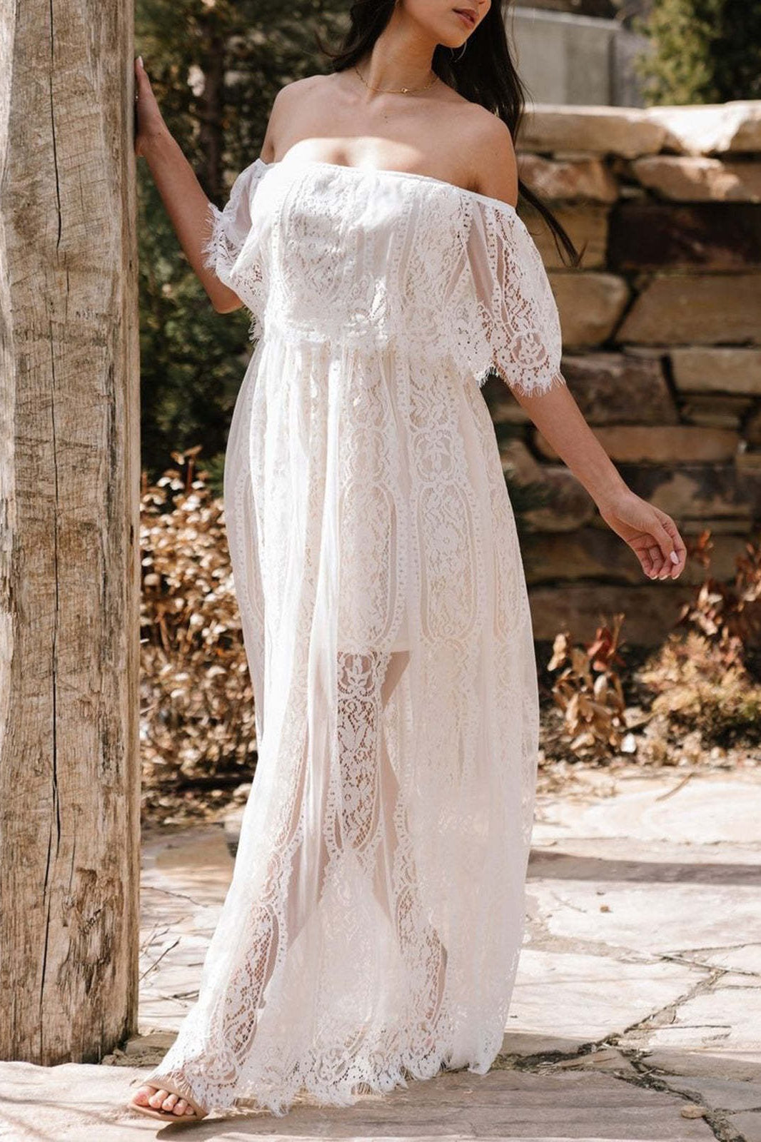 White Off Shoulder Ruffle Overlay Lace Panel Sheer Hem Maxi Dress 5