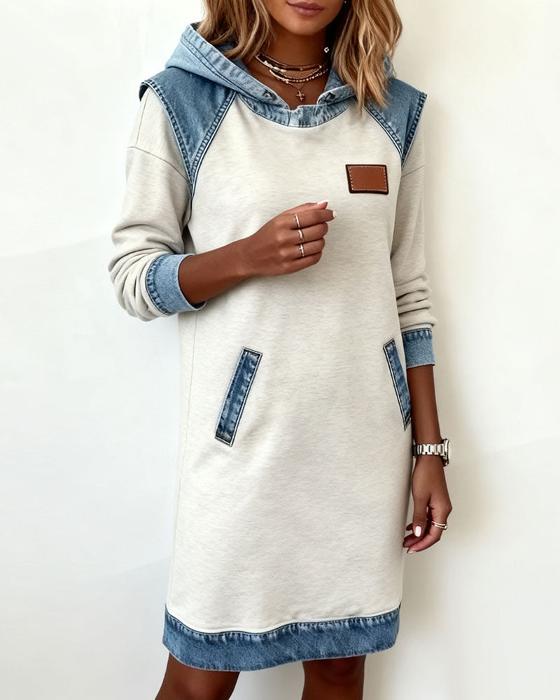 Hooded Long Sleeve Denim Contrast Panel Pocket Sweatshirt Mini Dress